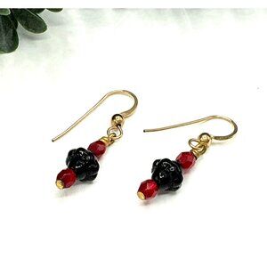 Black and Red Glass Beaded Dangle Earrings With Gold Hook